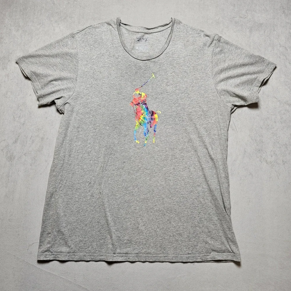 Polo Ralph Lauren Mens Heather Grey Rainbow‎ Tie Dye Big Pony T-Shirt Large